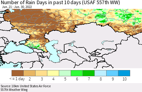 Russian Federation Number of Rain Days in past 10 days (USAF 557th WW) Thematic Map For 6/26/2022 - 6/30/2022