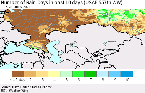 Russian Federation Number of Rain Days in past 10 days (USAF 557th WW) Thematic Map For 7/1/2022 - 7/5/2022