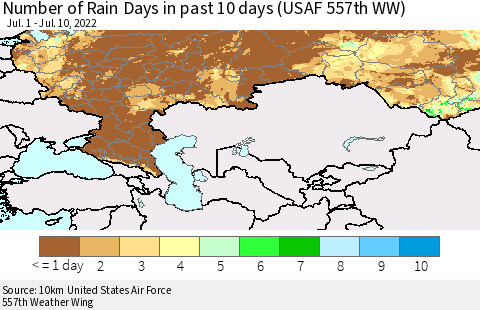 Russian Federation Number of Rain Days in past 10 days (USAF 557th WW) Thematic Map For 7/6/2022 - 7/10/2022