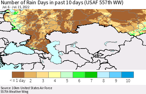 Russian Federation Number of Rain Days in past 10 days (USAF 557th WW) Thematic Map For 7/11/2022 - 7/15/2022