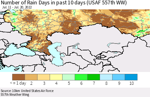 Russian Federation Number of Rain Days in past 10 days (USAF 557th WW) Thematic Map For 7/16/2022 - 7/20/2022
