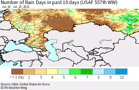 Russian Federation Number of Rain Days in past 10 days (USAF 557th WW) Thematic Map For 7/21/2022 - 7/25/2022