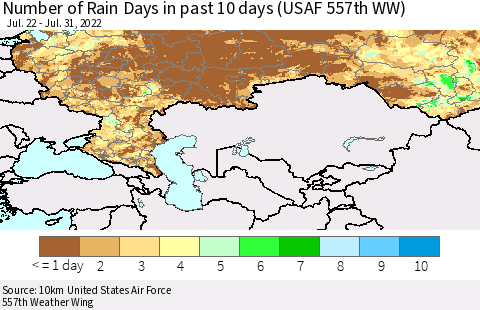 Russian Federation Number of Rain Days in past 10 days (USAF 557th WW) Thematic Map For 7/26/2022 - 7/31/2022