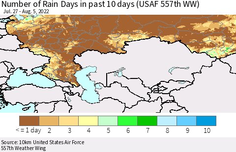 Russian Federation Number of Rain Days in past 10 days (USAF 557th WW) Thematic Map For 8/1/2022 - 8/5/2022