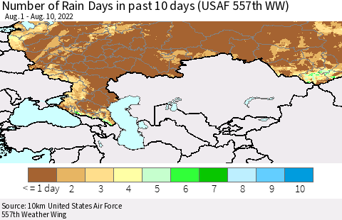 Russian Federation Number of Rain Days in past 10 days (USAF 557th WW) Thematic Map For 8/6/2022 - 8/10/2022