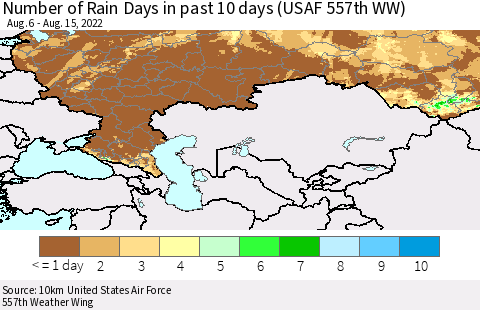Russian Federation Number of Rain Days in past 10 days (USAF 557th WW) Thematic Map For 8/11/2022 - 8/15/2022