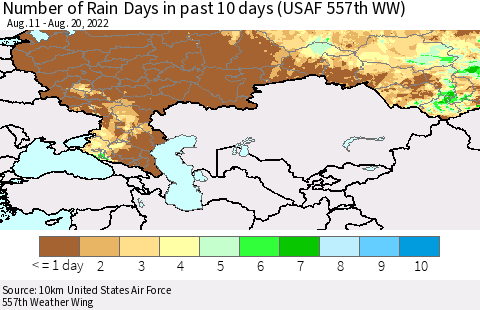 Russian Federation Number of Rain Days in past 10 days (USAF 557th WW) Thematic Map For 8/16/2022 - 8/20/2022