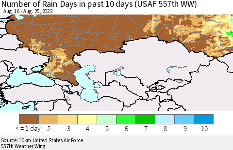 Russian Federation Number of Rain Days in past 10 days (USAF 557th WW) Thematic Map For 8/21/2022 - 8/25/2022
