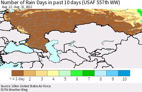 Russian Federation Number of Rain Days in past 10 days (USAF 557th WW) Thematic Map For 8/26/2022 - 8/31/2022