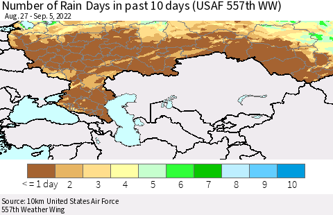 Russian Federation Number of Rain Days in past 10 days (USAF 557th WW) Thematic Map For 9/1/2022 - 9/5/2022