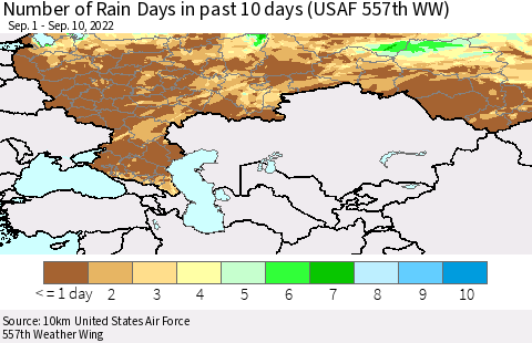 Russian Federation Number of Rain Days in past 10 days (USAF 557th WW) Thematic Map For 9/6/2022 - 9/10/2022