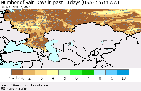 Russian Federation Number of Rain Days in past 10 days (USAF 557th WW) Thematic Map For 9/11/2022 - 9/15/2022