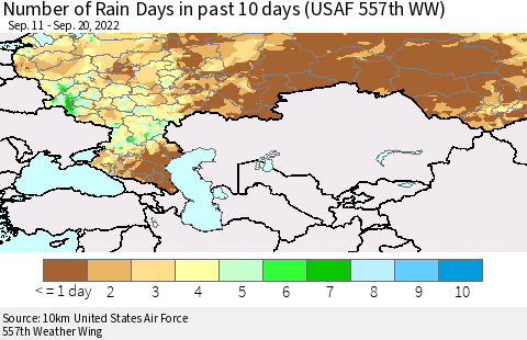 Russian Federation Number of Rain Days in past 10 days (USAF 557th WW) Thematic Map For 9/16/2022 - 9/20/2022