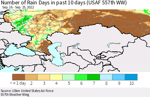 Russian Federation Number of Rain Days in past 10 days (USAF 557th WW) Thematic Map For 9/21/2022 - 9/25/2022