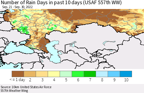 Russian Federation Number of Rain Days in past 10 days (USAF 557th WW) Thematic Map For 9/26/2022 - 9/30/2022