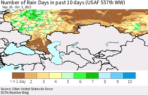 Russian Federation Number of Rain Days in past 10 days (USAF 557th WW) Thematic Map For 10/1/2022 - 10/5/2022