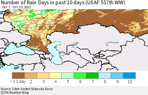 Russian Federation Number of Rain Days in past 10 days (USAF 557th WW) Thematic Map For 10/6/2022 - 10/10/2022
