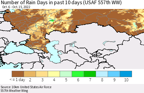 Russian Federation Number of Rain Days in past 10 days (USAF 557th WW) Thematic Map For 10/11/2022 - 10/15/2022