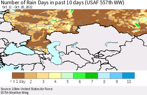 Russian Federation Number of Rain Days in past 10 days (USAF 557th WW) Thematic Map For 10/16/2022 - 10/20/2022