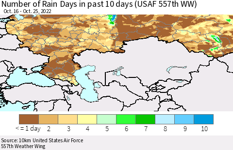 Russian Federation Number of Rain Days in past 10 days (USAF 557th WW) Thematic Map For 10/21/2022 - 10/25/2022