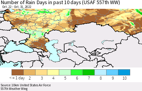 Russian Federation Number of Rain Days in past 10 days (USAF 557th WW) Thematic Map For 10/26/2022 - 10/31/2022