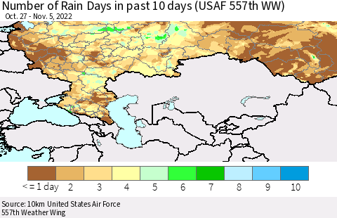 Russian Federation Number of Rain Days in past 10 days (USAF 557th WW) Thematic Map For 11/1/2022 - 11/5/2022