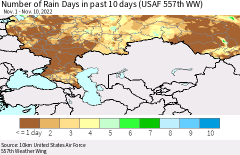 Russian Federation Number of Rain Days in past 10 days (USAF 557th WW) Thematic Map For 11/6/2022 - 11/10/2022