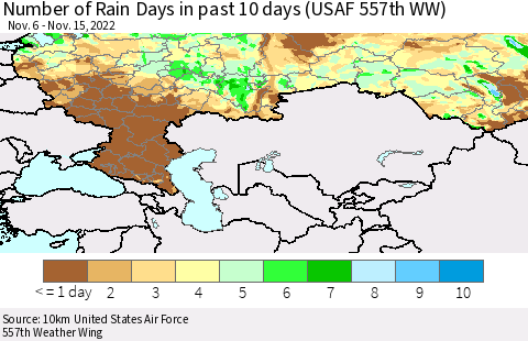 Russian Federation Number of Rain Days in past 10 days (USAF 557th WW) Thematic Map For 11/11/2022 - 11/15/2022