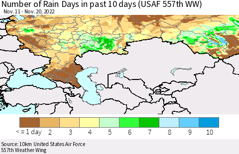 Russian Federation Number of Rain Days in past 10 days (USAF 557th WW) Thematic Map For 11/16/2022 - 11/20/2022