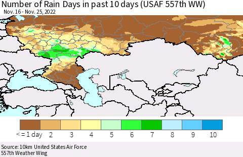 Russian Federation Number of Rain Days in past 10 days (USAF 557th WW) Thematic Map For 11/21/2022 - 11/25/2022