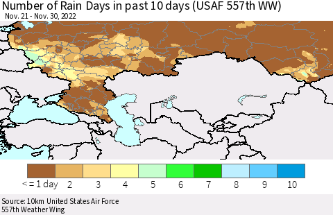 Russian Federation Number of Rain Days in past 10 days (USAF 557th WW) Thematic Map For 11/26/2022 - 11/30/2022