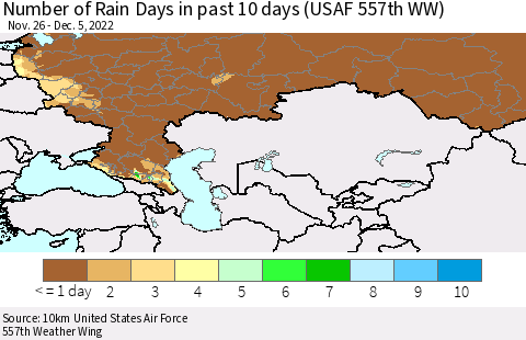 Russian Federation Number of Rain Days in past 10 days (USAF 557th WW) Thematic Map For 12/1/2022 - 12/5/2022