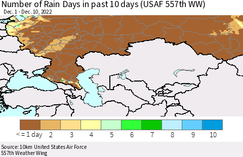Russian Federation Number of Rain Days in past 10 days (USAF 557th WW) Thematic Map For 12/6/2022 - 12/10/2022