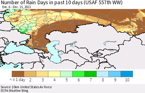 Russian Federation Number of Rain Days in past 10 days (USAF 557th WW) Thematic Map For 12/11/2022 - 12/15/2022