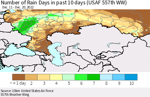 Russian Federation Number of Rain Days in past 10 days (USAF 557th WW) Thematic Map For 12/16/2022 - 12/20/2022