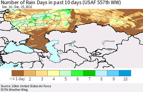 Russian Federation Number of Rain Days in past 10 days (USAF 557th WW) Thematic Map For 12/21/2022 - 12/25/2022