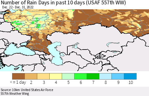 Russian Federation Number of Rain Days in past 10 days (USAF 557th WW) Thematic Map For 12/26/2022 - 12/31/2022