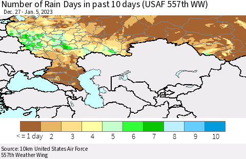 Russian Federation Number of Rain Days in past 10 days (USAF 557th WW) Thematic Map For 1/1/2023 - 1/5/2023