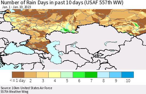 Russian Federation Number of Rain Days in past 10 days (USAF 557th WW) Thematic Map For 1/6/2023 - 1/10/2023