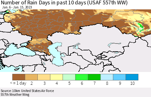 Russian Federation Number of Rain Days in past 10 days (USAF 557th WW) Thematic Map For 1/11/2023 - 1/15/2023