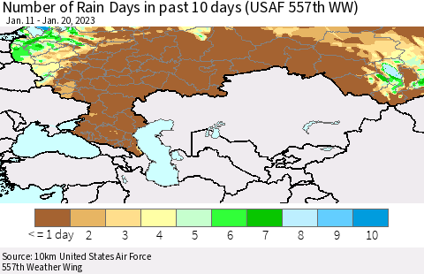 Russian Federation Number of Rain Days in past 10 days (USAF 557th WW) Thematic Map For 1/16/2023 - 1/20/2023