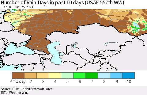 Russian Federation Number of Rain Days in past 10 days (USAF 557th WW) Thematic Map For 1/21/2023 - 1/25/2023