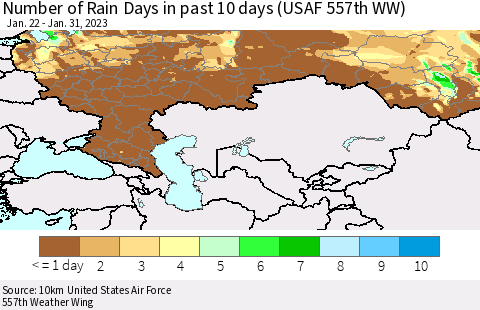 Russian Federation Number of Rain Days in past 10 days (USAF 557th WW) Thematic Map For 1/26/2023 - 1/31/2023