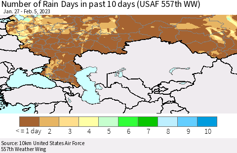 Russian Federation Number of Rain Days in past 10 days (USAF 557th WW) Thematic Map For 2/1/2023 - 2/5/2023