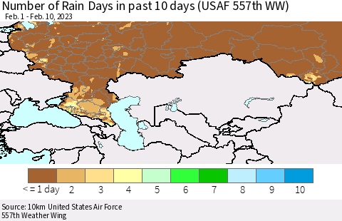 Russian Federation Number of Rain Days in past 10 days (USAF 557th WW) Thematic Map For 2/6/2023 - 2/10/2023