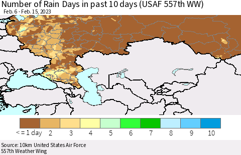 Russian Federation Number of Rain Days in past 10 days (USAF 557th WW) Thematic Map For 2/11/2023 - 2/15/2023
