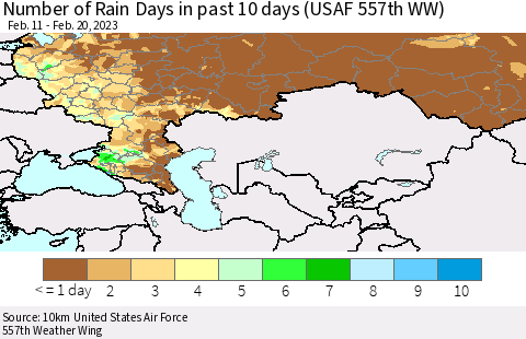 Russian Federation Number of Rain Days in past 10 days (USAF 557th WW) Thematic Map For 2/16/2023 - 2/20/2023