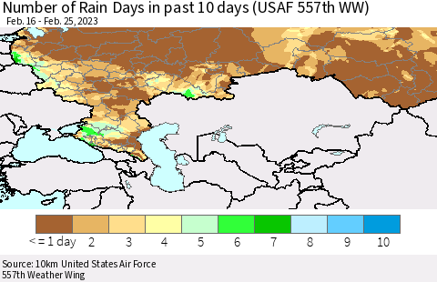 Russian Federation Number of Rain Days in past 10 days (USAF 557th WW) Thematic Map For 2/21/2023 - 2/25/2023