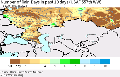 Russian Federation Number of Rain Days in past 10 days (USAF 557th WW) Thematic Map For 2/26/2023 - 2/28/2023