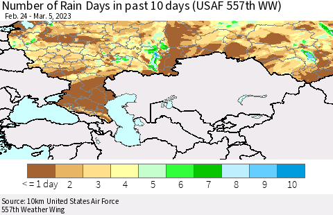 Russian Federation Number of Rain Days in past 10 days (USAF 557th WW) Thematic Map For 3/1/2023 - 3/5/2023